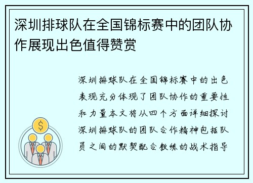 深圳排球队在全国锦标赛中的团队协作展现出色值得赞赏